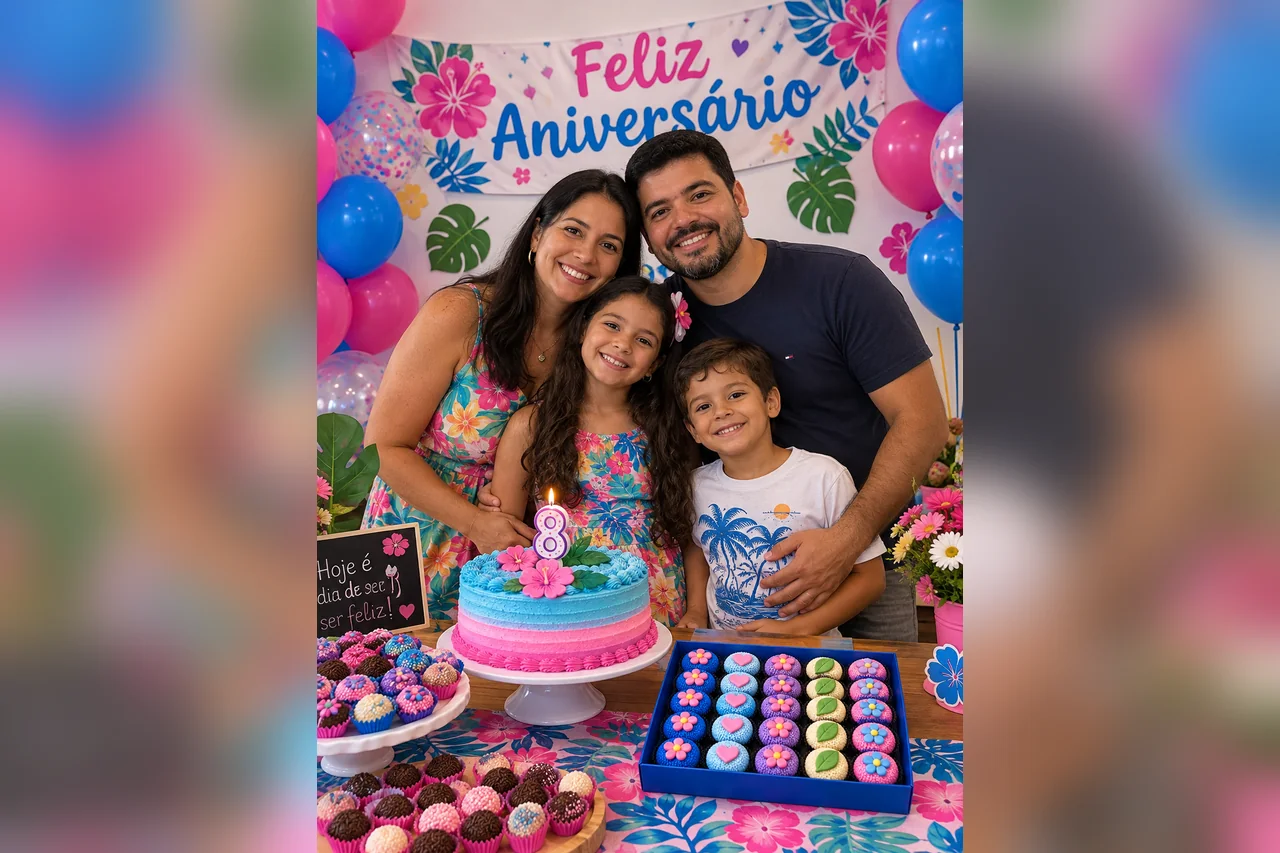 Família reunida em uma festa infantil com doces temáticos