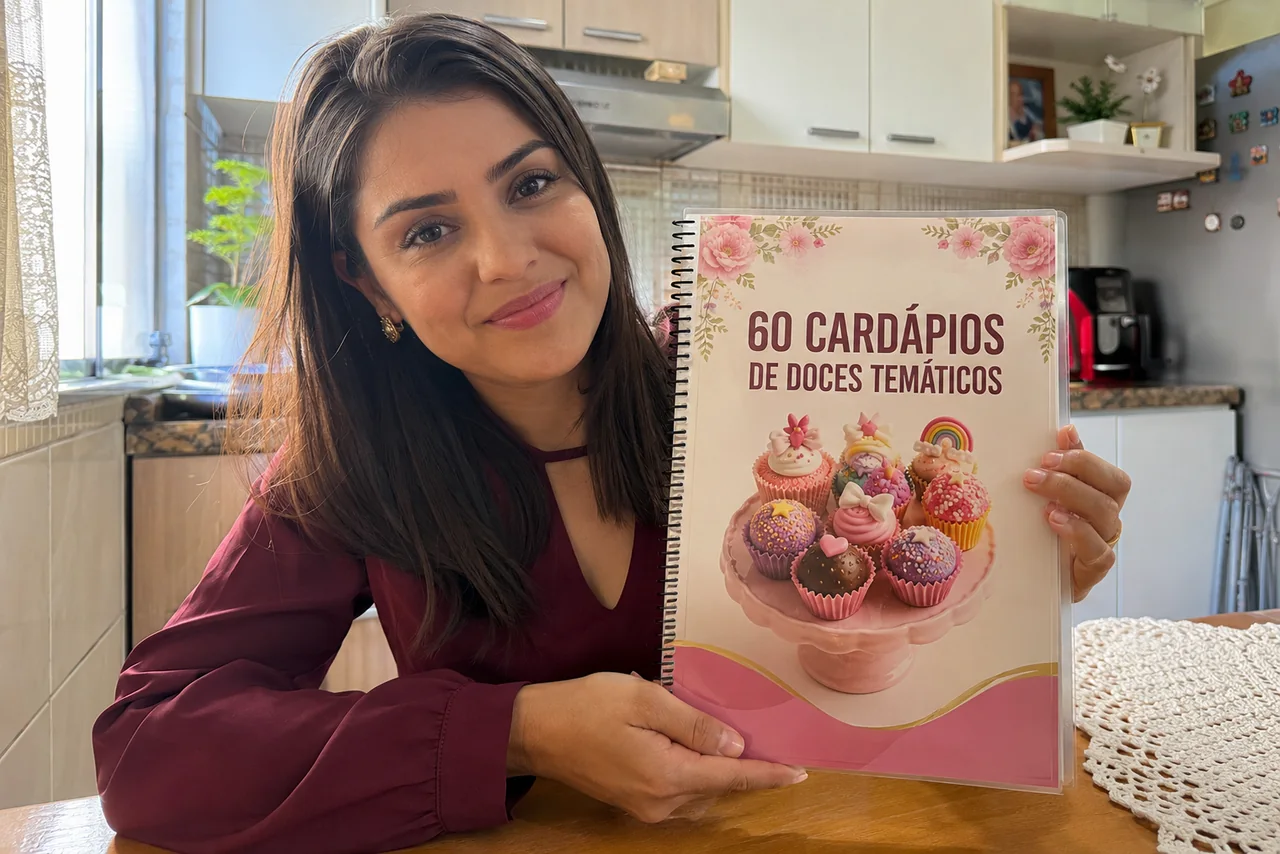 Mãe segurando o caderno de 60 cardápios de doces temáticos