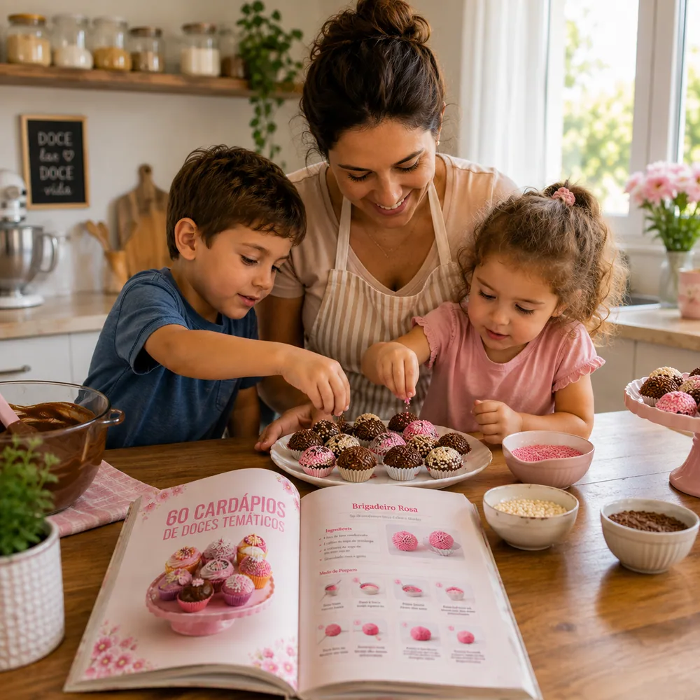 Mãe preparando doces temáticos com os filhos
